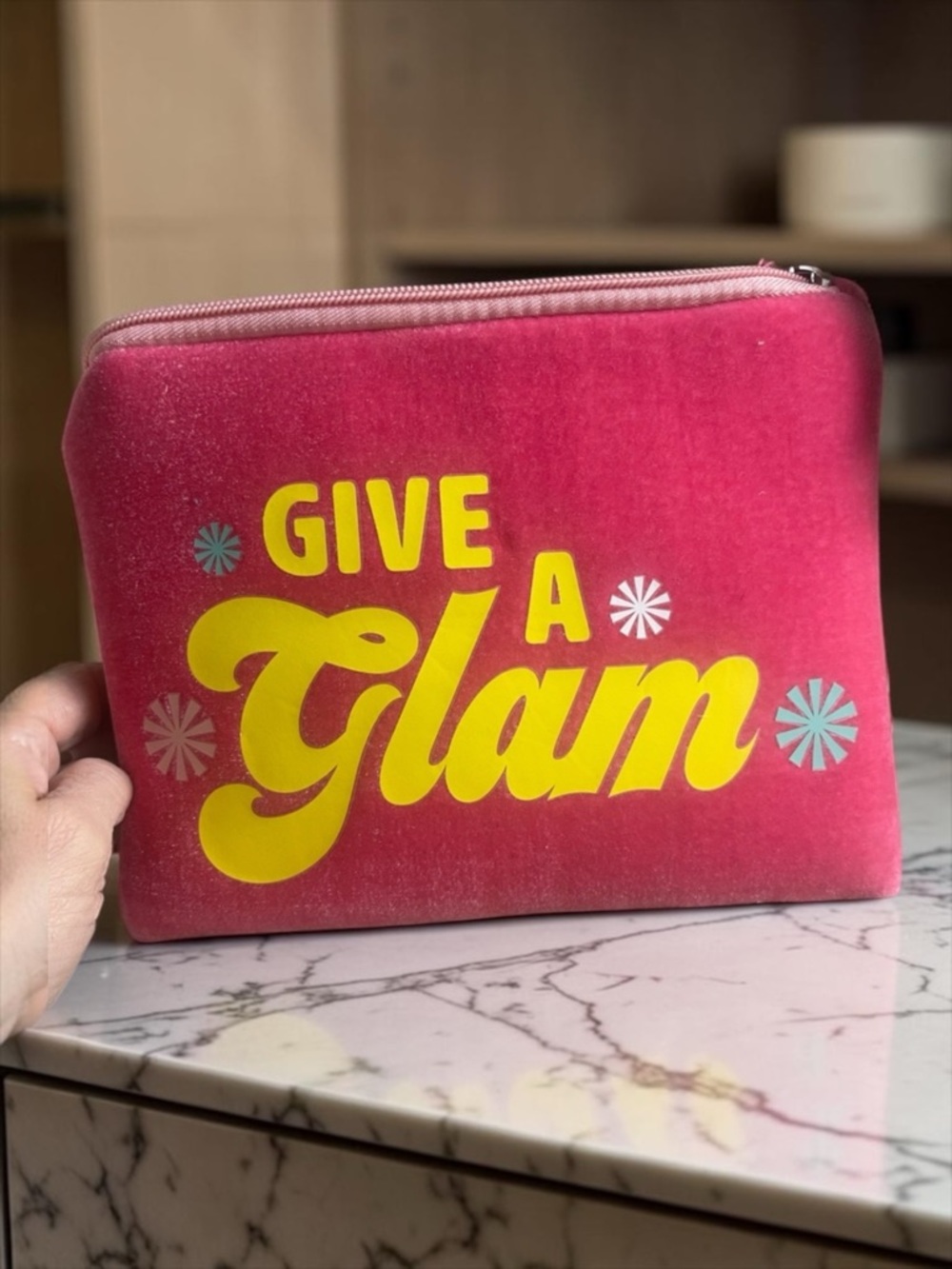 Benefit Pink Cosmetic Bag with Yellow and Blue Design